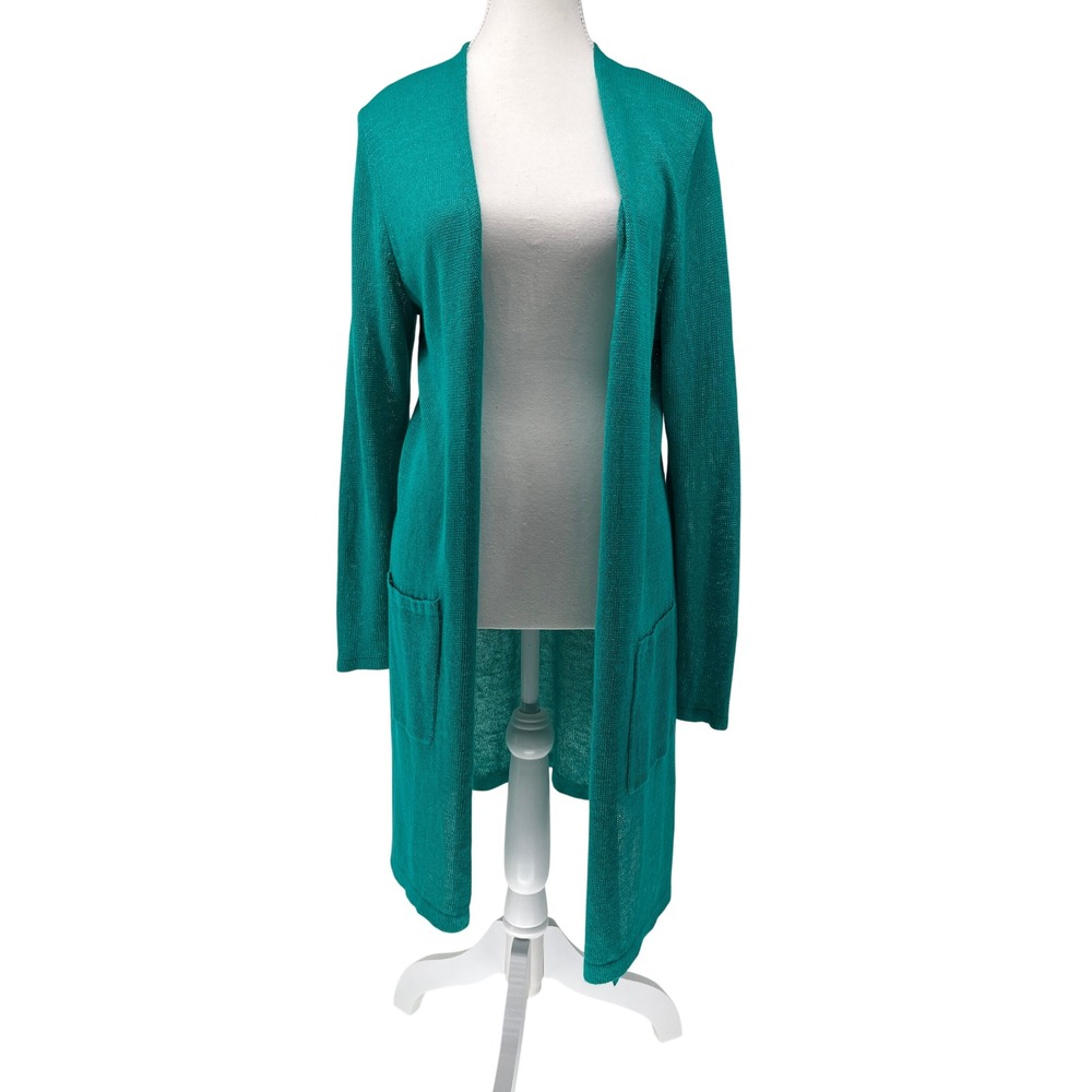 J. Jill Teal Green Linen Blend Open Front Longline Duster Cardigan Sweater Small